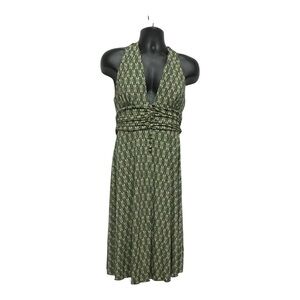 Green Halter Backless Dress | Size 10 | AGB Tie-Back Midi Dress Boho Chic Print